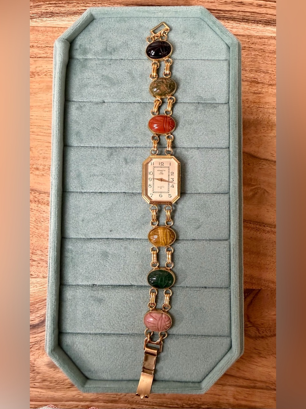 Vintage Kenneth Jay Lane Gold Tone Bracelet Watch with Colored Scarab Stones